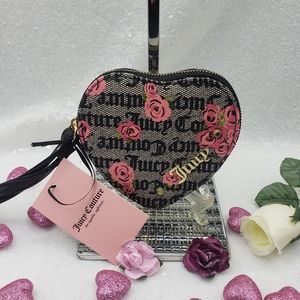 Juicy Couture Pink Bloom Heart Wristlet Coin case Black logo Cute